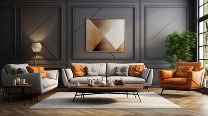 Front view of a modern classic living room. Gray wall with large abstract painting, trendy cushioned furniture, coffee table, large window. Contemporary home design. Mockup, 3D rendering.