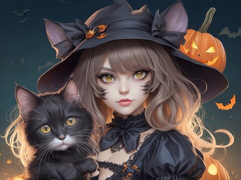 Happy Halloween, Halloween Cute Girl and Cat, Scary Background 
