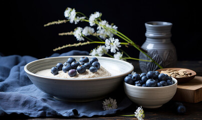 Photography of delicious blueberry oats, healthy breakfast, table top photograph decorated with florals