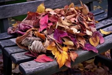 pile of colorful autumn leaves on park bench