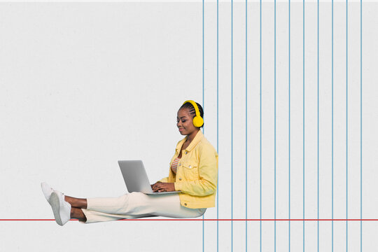 3d retro abstract creative artwork template collage of young cheerful afri american female sit floor work computer lines paper sheet