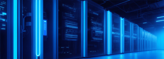 View of modern data center with blue neon lights from Generative AI