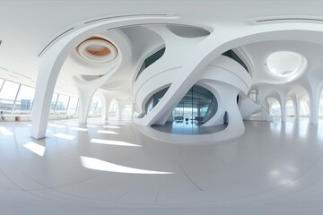 360° HDRI of futuristic white building interior. Generative AI