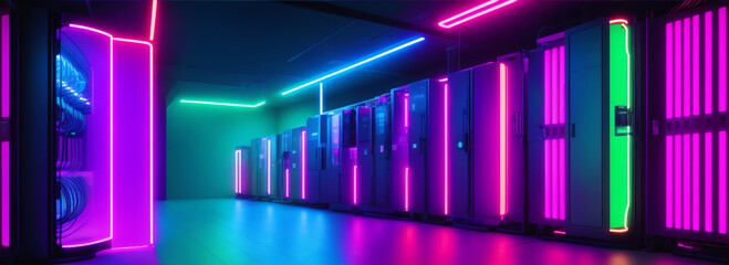 View of modern data center with colorful neon lights from Generative AI