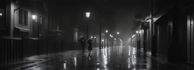 Walkway at a noir city street with rain from Generative AI