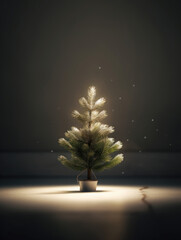 A christmas tree is in a room with a window that says christmas