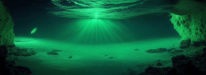 Fototapeta na wymiar View from under the ocean at night with green glowing lights from the sky from Generative AI