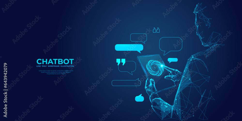 Poster Abstract digital businessman with tablet uses chatbot app. Concept of Artificial Intelligence and technology innovation in the modern business world. Futuristic low poly wireframe vector illustration