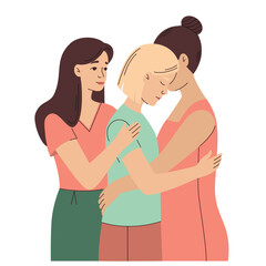Three women are hugging. Female support, help, trust.Women friendship.Girl power.Flat vector cartoon illustration isolated on white background
