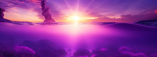 Foto op Plexiglas View from under the ocean with purple sunset rays from the sky from Generative AI © sevenSkies