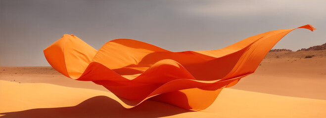 Fototapeta na wymiar Orange fabric floating in the wind at desert background from Generative AI