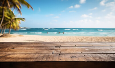 on the floor of a blank wooden table With a beautiful beach background, suitable for product or product display concepts. Space to add ideas, illustration, generative AI