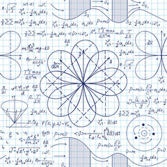 Scientific handwritten math formulas and figures, vector seamless pattern 