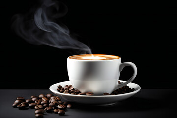Obraz premium hot coffee with little smoke in white cup isolated on black background 