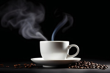 hot coffee with little smoke in white cup isolated on black background
