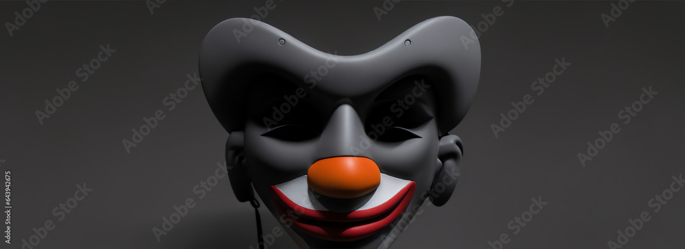 Poster clown mask in plain black background from generative ai