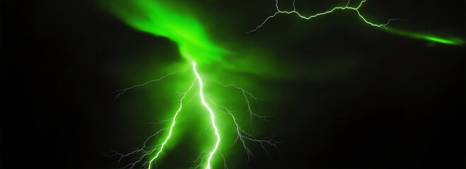 Close up of green lighting strike on plain black background from Generative AI