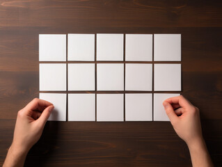 Blank cards laid out flat on a wood table, blank mockup template, hands holding or touching cards