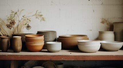 Generative AI, crafted pottery, still life of hand made pottery and ceramic bowls, hobby and leisure concept