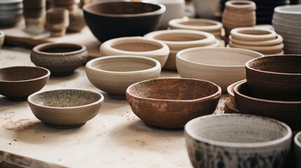 Generative AI, crafted pottery, still life of hand made pottery and ceramic bowls, hobby and leisure concept