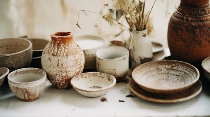 Generative AI, crafted pottery, still life of hand made pottery and ceramic bowls, hobby and leisure concept