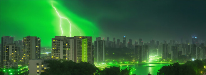 City view from luxurious balcony of a high rise building at night with green lightning from the sky from Generative AI