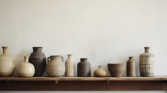 Generative AI, crafted pottery, still life of hand made pottery and ceramic bowls, hobby and leisure concept