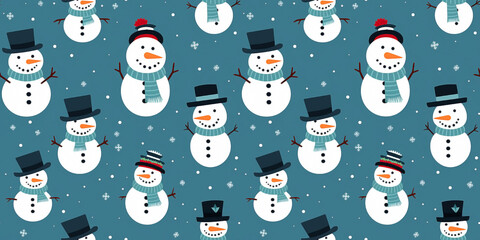 Minimalist snowmen seamless pattern with snowflakes. Repetitive mosaic of winter motifs.