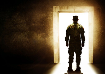 Military, door and man leaving home for service, army duty and battle for country in camouflage...