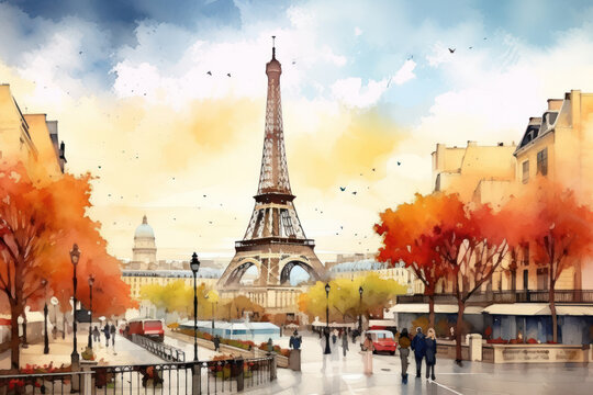 Journey to Autumnal Paris through a charming watercolor: Eiffel Tower's artistic embrace in the heart of the city. A travel portrait of French allure.