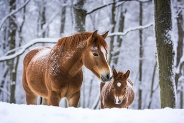 horse nuzzling foal in the snow during winter