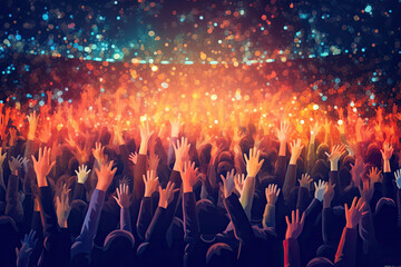 Fototapeta na wymiar A colorful background with a crowd of hands up and the word music on it