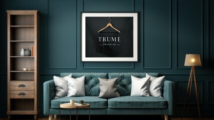 Front view of a modern art-deco living room. Dark green wall with poster template, cabinet, stylish couch, coffee table, floor lamp. Home decor. Mockup, 3D rendering.