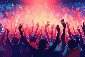 Fototapeta na wymiar A colorful background with a crowd of hands up and the word music on it