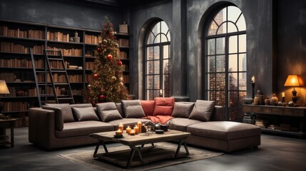 Loft style living room in luxury apartment with Christmas decor. Dark grunge walls, stylish cushioned furniture, bookcase, elegant Christmas tree, candles, large windows. Contemporary home design.