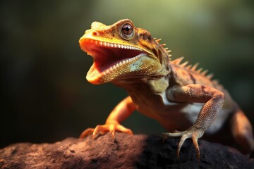 Fototapeta premium lizard with bug in mouth, against blurred background