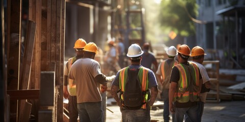 Fototapeta premium Construction Workers in Hard Hats and Safety Vests Follow Strict Safety Protocols. Clear Signage and Protective Gear Emphasize the Paramount Importance of Safety on the Construction Site