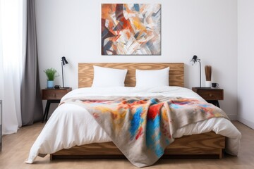 a bed with a colorful, artistic throw blanket