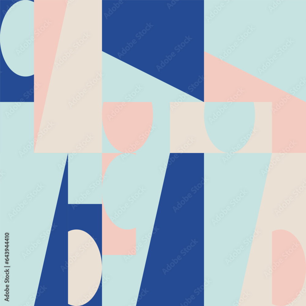 Poster Abstract geometric vector seamless pattern. Modern background with simple shapes. Circles, squares, rectangles, triangles in pastel blue, pink, white colors