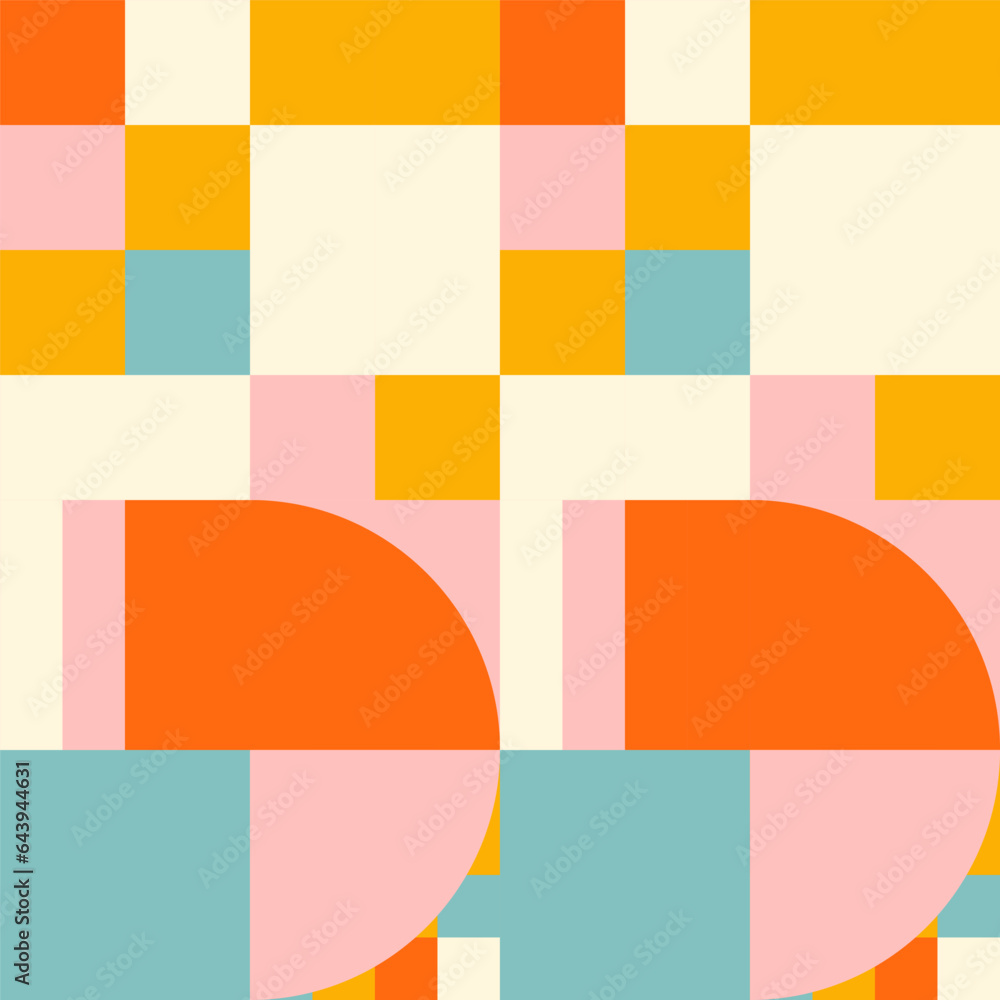 Poster Simple geometric seamless pattern. Modern abstract background with circle, semi circle, square, rectangle stripe shapes in pastel colors.
