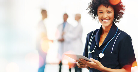 Portrait, black woman and doctor with a tablet, smile and bokeh with mockup, connection and typing. Face, African person or medical professional with technology, telehealth and research with internet