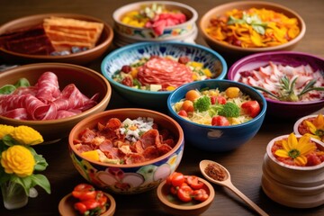 variety of pizza toppings in colorful bowls