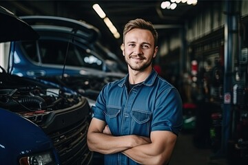 Man repairing a car in auto repair shop. Smiley young Caucasian man in his workshop.