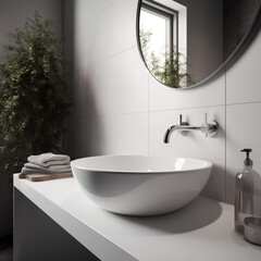 close up of a modern sink in a minimal bathroom, natural and neutral colors - 643945033