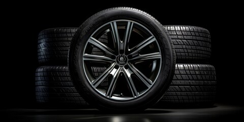 New Car Wheels on the Left Side of the Image, Set Against a Sleek Black Background, Showcasing...