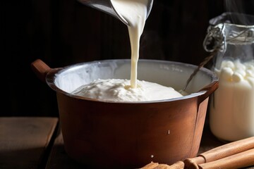 adding rennet to milk to form curds and whey