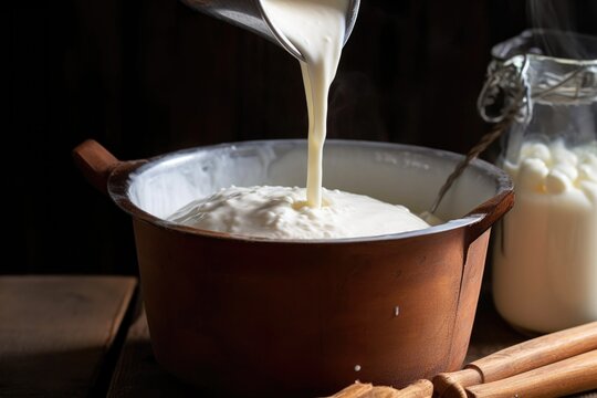 adding rennet to milk to form curds and whey