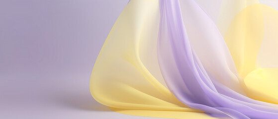 Zwiewna zasłona z woalu, tkanina opadająca na podłoże, podłogę. Kolory fioletowe i żółte. Poziome tło - obrazy, fototapety, plakaty