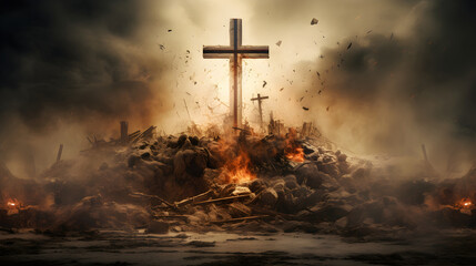 A cross stands in rubble amid a backdrop of gloomy chaos in sepia tones