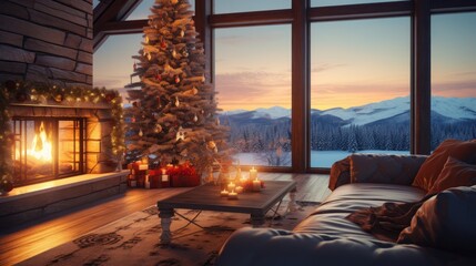 Naklejka premium Cozy rustic chalet interior with magical Christmas decor. Blazing fireplace, garlands and burning candles, elegant Christmas tree, panoramic windows overlooking forest and mountains. 3D rendering.